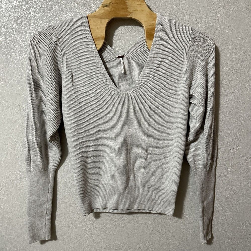 Free People Light Grey Ribbed V- Neck Sweater Cashmere Blend Size Large